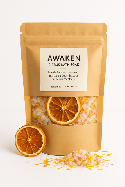 Awaken Citrus Bath Soak – Sare de baie artizanală cu portocală deshidratată și uleiuri esențiale